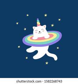 Cute magical kitty unicorn flies in space, rainbow, starry sky, cat. Vector illustration for children. Printing for t-shirts, cards, mugs.