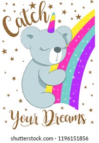 Cute magical koala and rainbow clipart. Vector design isolated on white background. Print for t-shirt or sticker. Romantic hand drawing illustration for children.