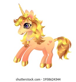Cute magical little unicorn with golden mane and hooves. The image is isolated on a white background. Romantic hand drawing illustration for children.