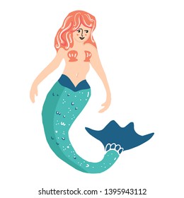 Cute magical mermaid cartoon vector illustration motif set. Hand drawn isolated marine mythology elements clipart for nautical blog, underwater graphic.