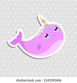 Cute magical narwhal sticker vector illustration. Flat design