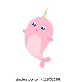 Cute magical narwhal vector illustration. Flat design