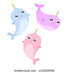 Cute magical narwhal vector illustration. Flat design