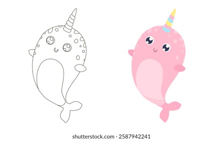 Cute magical narwhal vector illustration. Flat design. Coloring page