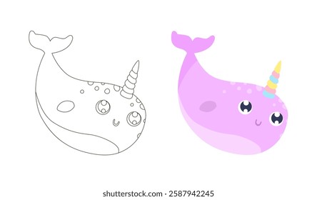 Cute magical narwhal vector illustration. Flat design. Coloring page