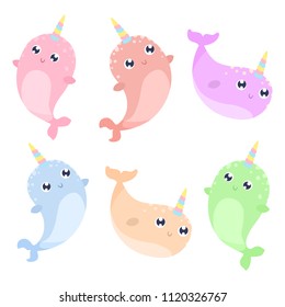 Cute magical narwhals vector illustration. Flat design