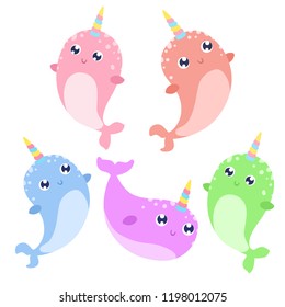 Cute magical narwhals vector illustration. Flat design