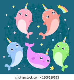 Cute magical narwhals vector illustration. Flat design