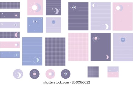 Cute magical pages, bookmarks, memory notes and stickers pack. Colorful flat templates for scrapbooking. Vector printables for bullet journal, notebook, planners making. Mockups with sun, moon, stars