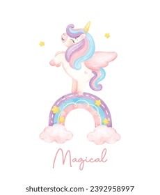 Cute magical pink unicorn with rainbow watercolor nursery Art illustration.