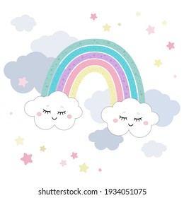 Cute magical rainbow and clouds in unicorn theme or little princess theme. Vector hand drawn illustration. Great for kids party, greeting cards, invitation, print for apparel, book illustration 