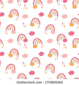 Cute magical rainbow sky and clouds seamless repeat pattern, Scandinavian nursery, pastel pink pretty color. 