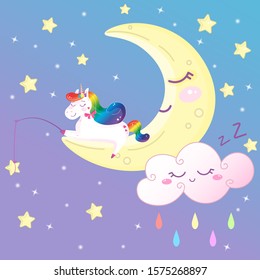 Cute magical rainbow unicorn on the moon catching stars. Cartoon vector print decoration for kids