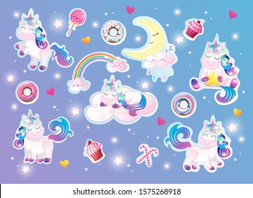 Cute magical rainbow unicorn with sweets and clouds vector set. Isolated cartoon sticker pack.