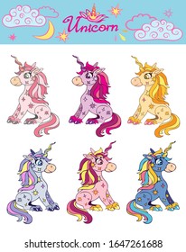 Cute magical romantic sitting unicorn with stars. Different color options.