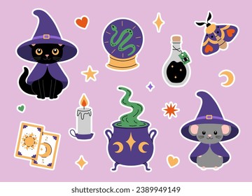 Cute magical set of stickers. Cat, mouse, cauldron, ball, potion, candle, cards and moth. Witchcraft and esoteric elements. Vector illustration