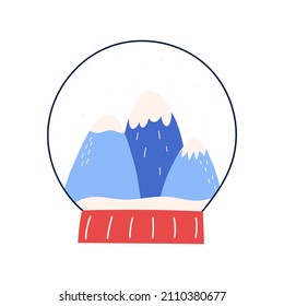 Cute und magische Schneekugel mit Berginnern, einfache, flache Vektorgrafik einzeln auf weißem Hintergrund. Handgezeichnetes traditionelles Weihnachtsspielzeug.