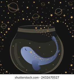 Cute magical starry fish swimming in a glass jar and releases stars into space with a flick of its tail. Fantasy night, dream art. Flat vector illustration