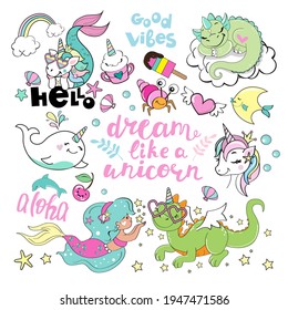 Cute magical summer collection with unicorn mermaid, the Dragon, whale and marine inhabitants isolated. Vector illustration stickers for t-shirt design, greeting card