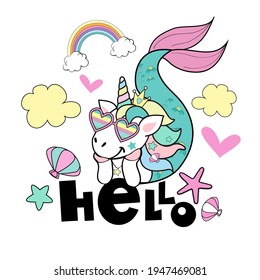 Cute magical summer unicorn mermaid and lettering hello isolated. Vector illustration for t-shirt design, greeting card