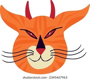 Cute magical tiger with horns. Halloween illustration in modern hand drawn style