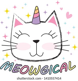 Cute magical typography  print with CAT, and slogan.   for clothes, banner, graphic tees, girls, women, child. hand written text . Creative girlish original design 