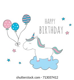 Cute magical unicorn with ballon. Sweet kids graphics for t-shirts, baby shower, postcard, poster, banners, scrapbook, sticker, invitation design. Vector illustration with doodle nursery art.