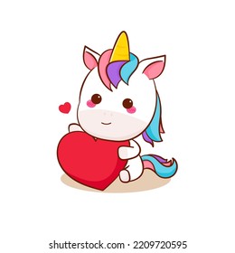 Cute magical unicorn cartoon with love heart vector. Pony pegasus cartoon kawaii animal. Isolated on a white background. 