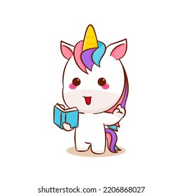 Cute magical unicorn cartoon vector. Pony pegasus cartoon kawaii animal. Unicorn reading book. Isolated on a white background. 