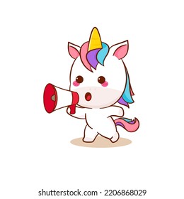 Cute magical unicorn cartoon vector. Pony pegasus cartoon kawaii animal. Unicorn holding megaphone. Isolated on a white background. 