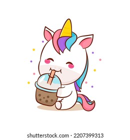 Cute magical unicorn cartoon vector. Pony pegasus cartoon kawaii animal. Unicorn drinking bubble tea. Isolated on a white background. 