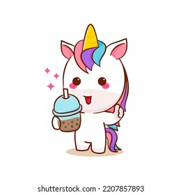 Cute magical unicorn cartoon vector. Pony pegasus cartoon kawaii animal. Unicorn holding bubble tea. Isolated on a white background. 