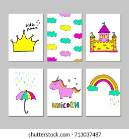 Cute magical unicorn, castle, rain, 6 postcard. Sweet kids graphics for t-shirts, baby shower,  poster, banners, scrapbook, sticker, invitation design. Vector illustration with doodle nursery art.