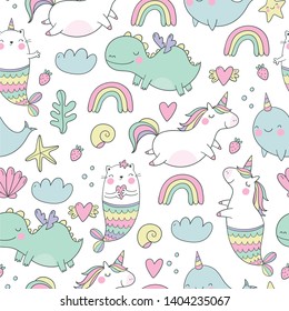 Cute magical unicorn, cat - mermaid, unicorn - mermaid, dragon, Narwhal,  vector illustration. Cool summer seamless pattern with unicorn. Can be used for T-shirt design and children's room decor.