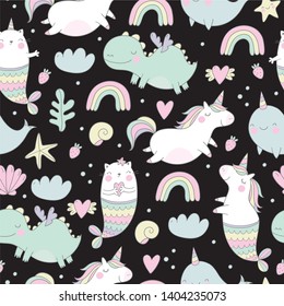 Cute magical unicorn, cat - mermaid, unicorn - mermaid, dragon, Narwhal,  vector illustration. Cool summer seamless pattern with unicorn. Can be used for T-shirt design and children's room decor.