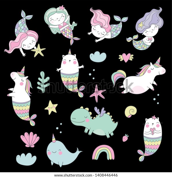 かわいい魔法の一角獣 猫 人魚 一角獣 人魚 ドラゴン ナーホール ベクターイラスト 一角獣と人魚のひいさまがついた 涼しい夏の絵 Tシャツのデザインや子ども用ルームデコールに使用できます のベクター画像素材 ロイヤリティフリー
