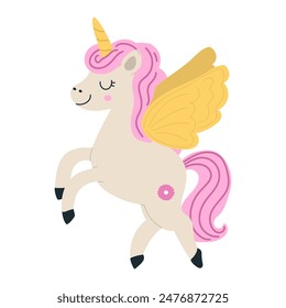 Cute magical unicorn in child style isolated on white background. Character of children's fantasy. Print for a T-shirt or sticker