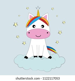 Cute magical unicorn and cloud. Vector design isolated on blue background. Romantic hand drawing illustration for children. Colored kids graphics for t-shirts or sticker.