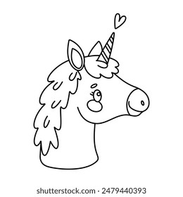 Cute magical unicorn coloring page. Romantic magical pony Hand drawn doodle, line art isolated for Greeting card, poster, print coloring book for kids and adults. Vector illustration