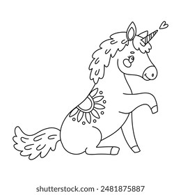 Cute magical unicorn coloring page. Romantic magical pony Hand drawn doodle, line art isolated for Greeting card, poster, print coloring book for kids and adults. Vector illustration