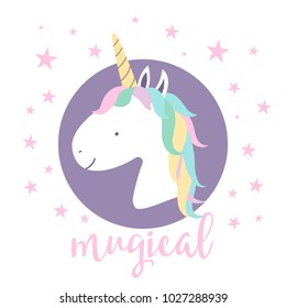 Cute Magical Unicorn. Design for child card, sticker, badge, patch, phone case, poster, t-shirt, mug etc.