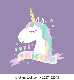 Cute Magical Unicorn. Design for child card, sticker, badge, patch, phone case, poster, t-shirt, mug etc.