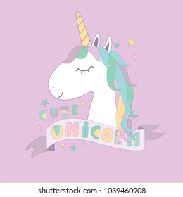 Cute Magical Unicorn. Design for child card, sticker, badge, patch, phone case, poster, t-shirt, mug etc.