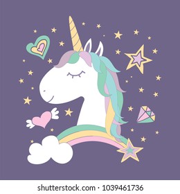 Cute Magical Unicorn. Design for child card, sticker, badge, patch, phone case, poster, t-shirt, mug etc.