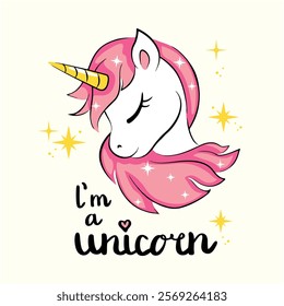 Cute magical unicorn is dreaming pink. Vector design isolated. Print for t-shirt or sticker. Drawing illustration for children