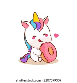 Cute magical unicorn eating doughnut cartoon vector  Pony pegasus cartoon kawaii animal  Isolated white background  