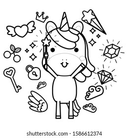 Cute magical unicorn and fairy elements collection. Black and white vector illustration for coloring book