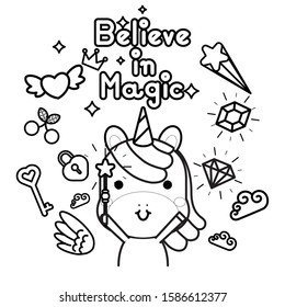 Cute magical unicorn and fairy elements collection and lettering quote believe in magic. Black and white vector illustration for coloring book