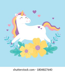 cute magical unicorn flowers hearts love animal cartoon vector illustration