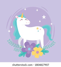 cute magical unicorn flowers star fantasy animal cartoon vector illustration